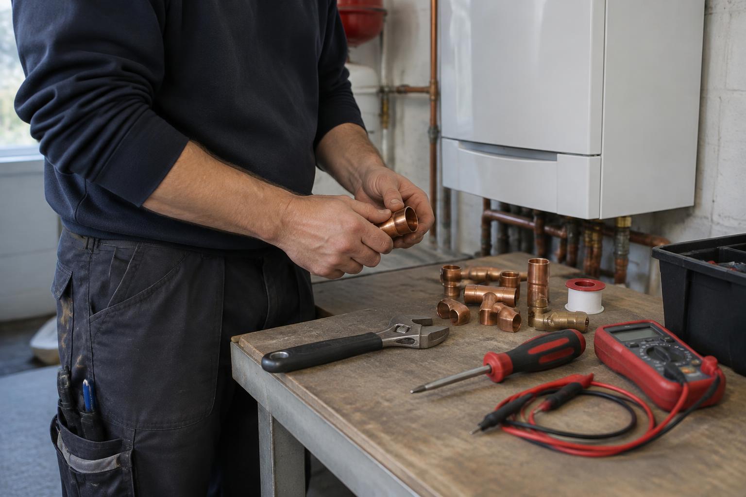 Monteur bereidt gereedschap en koppelingen voor